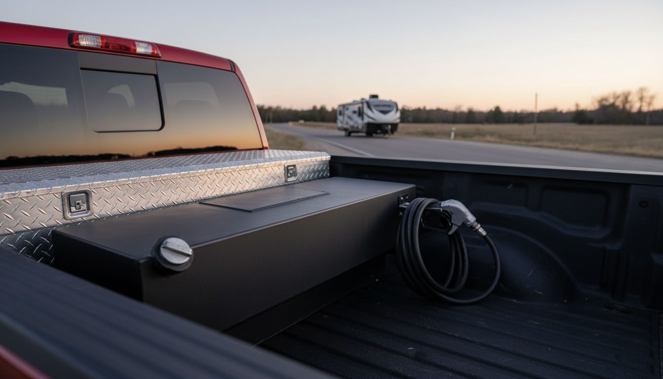 Transfer Flow auxiliary fuel tank installed on a work truck at Central Arkansas Truck Outfitters in Bryant Arkansas