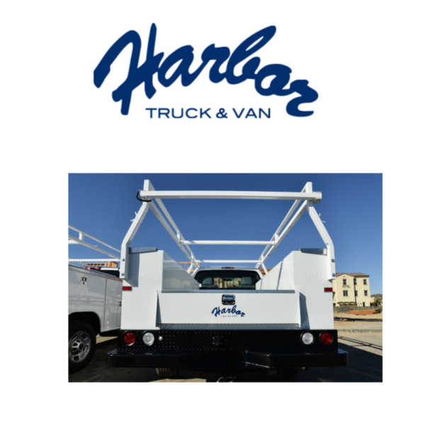 harbor logo with work truck fitted with ladder rack and utility bed