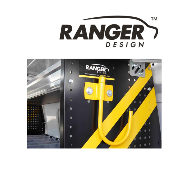 Ranger Design 8 inch swivel hook installed on metal shelf in work van