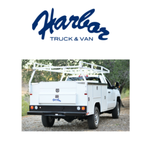 harbor Logo with work truck fitted with ladder rack and utility bed