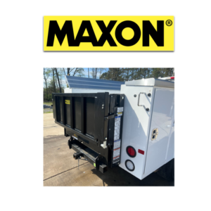 Maxon logo with 4" ramp installed on back of utility bed on a work truck
