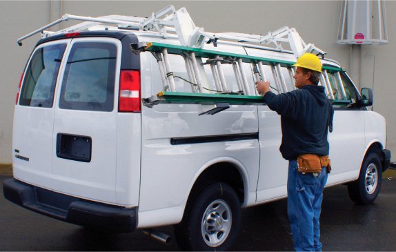 ladder rack attached to work van