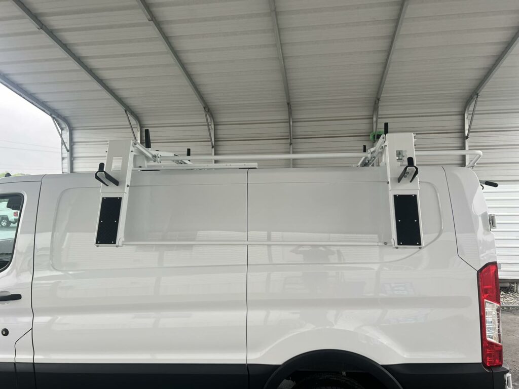 Work van with a new ladder rack installed on top and side of van